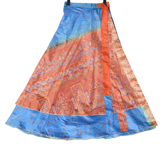 Sushila Vintage Blue Silk Saree Magic Wrap Reversible Skirt Floral Beach Dress