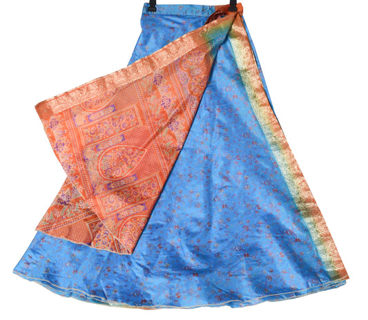 Sushila Vintage Blue Silk Saree Magic Wrap Reversible Skirt Floral Beach Dress