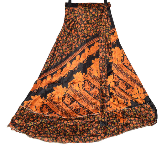 Sushila Vintage Silk Saree Magic Wrap Reversible Skirt Black Floral Beach Dress