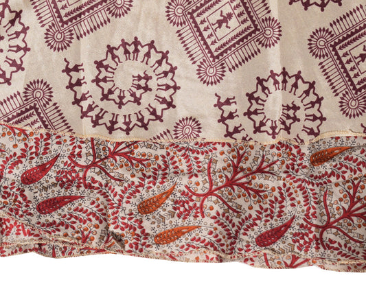 Sushila Vintage Warli Print Silk Saree Magic Wrap Reversible Skirt Beach Dress