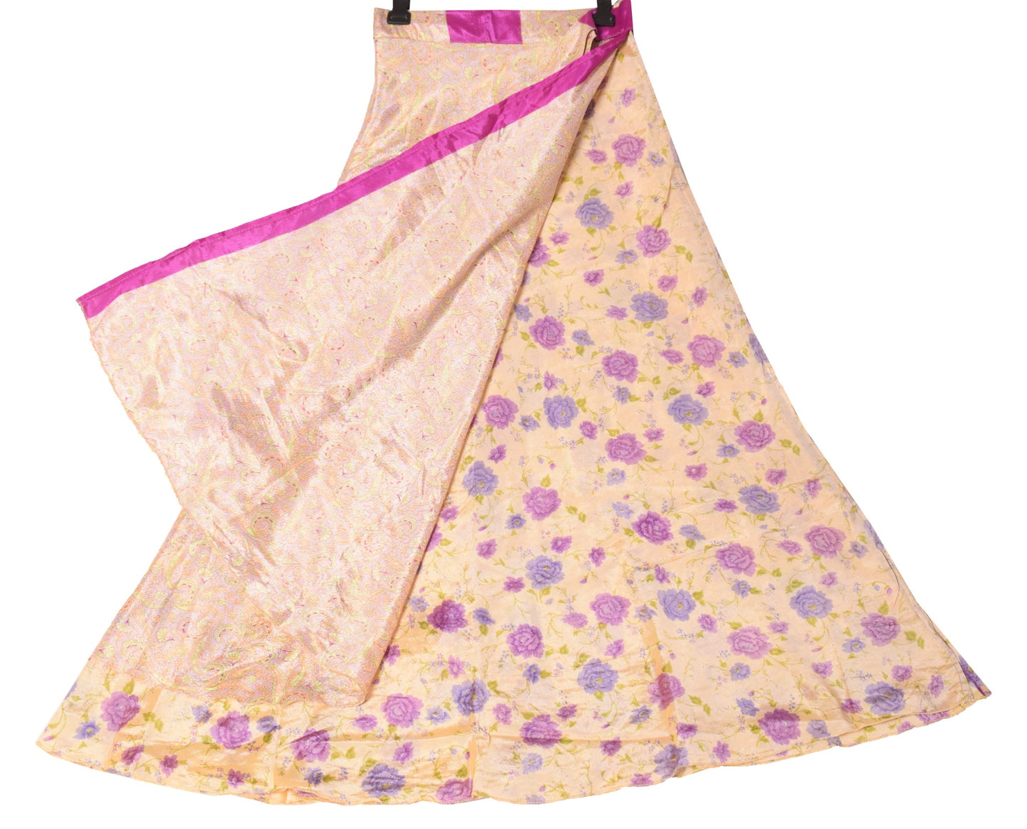 Sushila Vintage Floral Silk Saree Magic Wrap Reversible Skirt Beach Dress Cream