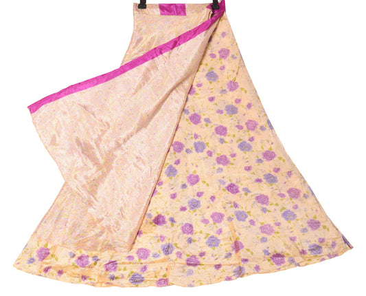 Sushila Vintage Floral Silk Saree Magic Wrap Reversible Skirt Beach Dress Cream