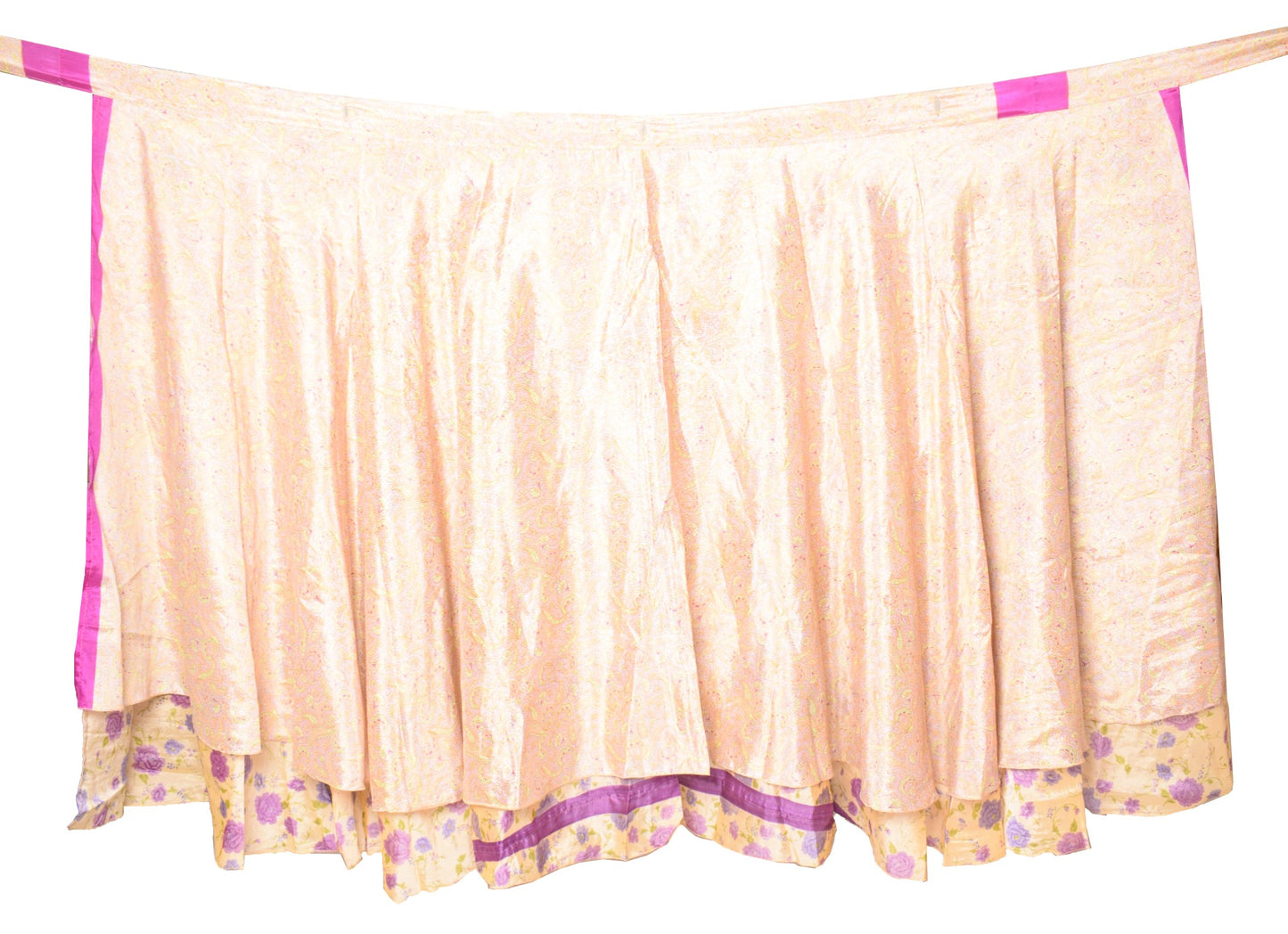 Sushila Vintage Floral Silk Saree Magic Wrap Reversible Skirt Beach Dress Cream