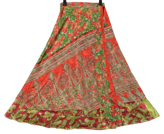 Sushila Vintage Silk Saree Magic Wrap Reversible Skirt Paisle Print Beach Dress