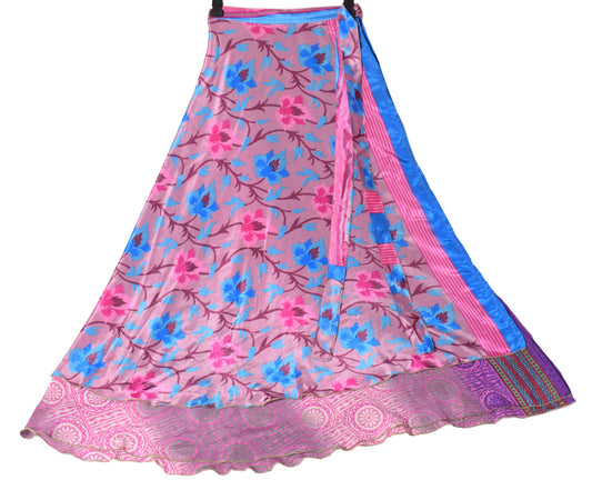 Sushila Vintage Silk Saree Magic Wrap Reversible Skirt Floral Mauve Beach Dress