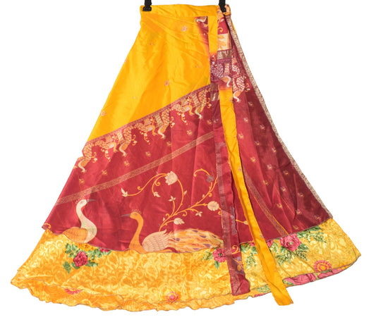 Sushila Vintage Yellow Silk Saree Magic Wrap Floral Reversible Skirt Beach Dress