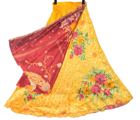 Sushila Vintage Yellow Silk Saree Magic Wrap Floral Reversible Skirt Beach Dress