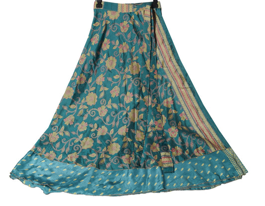 Sushila Vintage Teal Blue ArtSilk Saree Magic Wrap Reversible Skirt Beach Dress