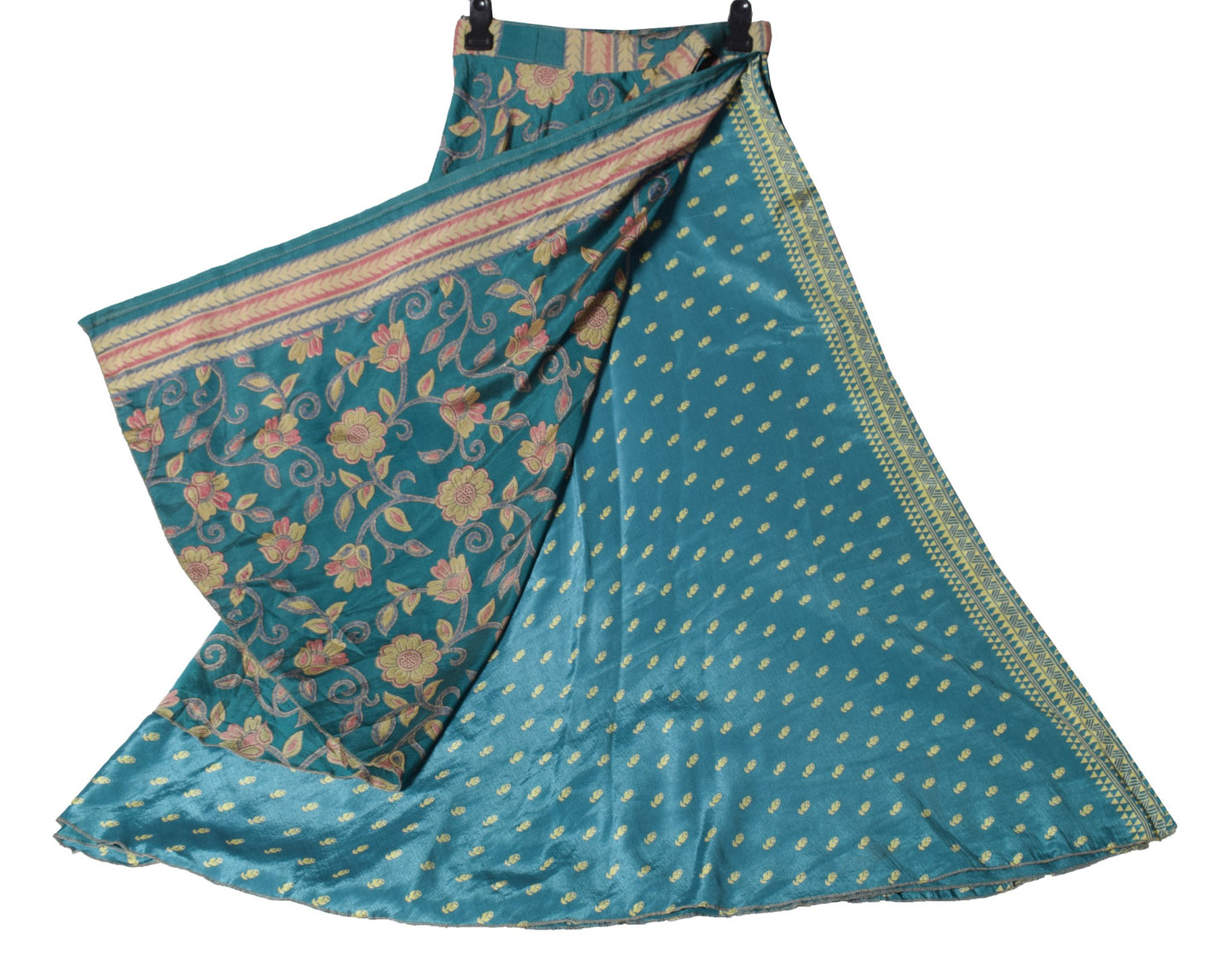 Sushila Vintage Teal Blue ArtSilk Saree Magic Wrap Reversible Skirt Beach Dress