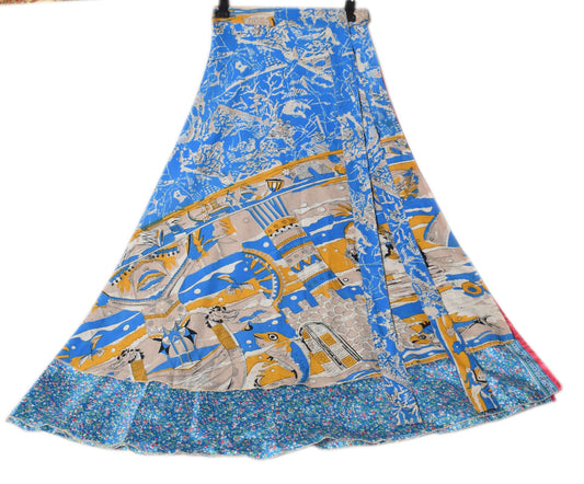 Sushila Vintage Silk Saree Magic Wrap Reversible Skirt Beach Dress Floral Blue