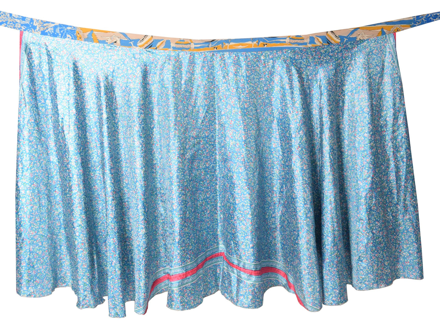 Sushila Vintage Art Silk Saree Magic Wrap Reversible Skirt Beach Dress Floral Blue