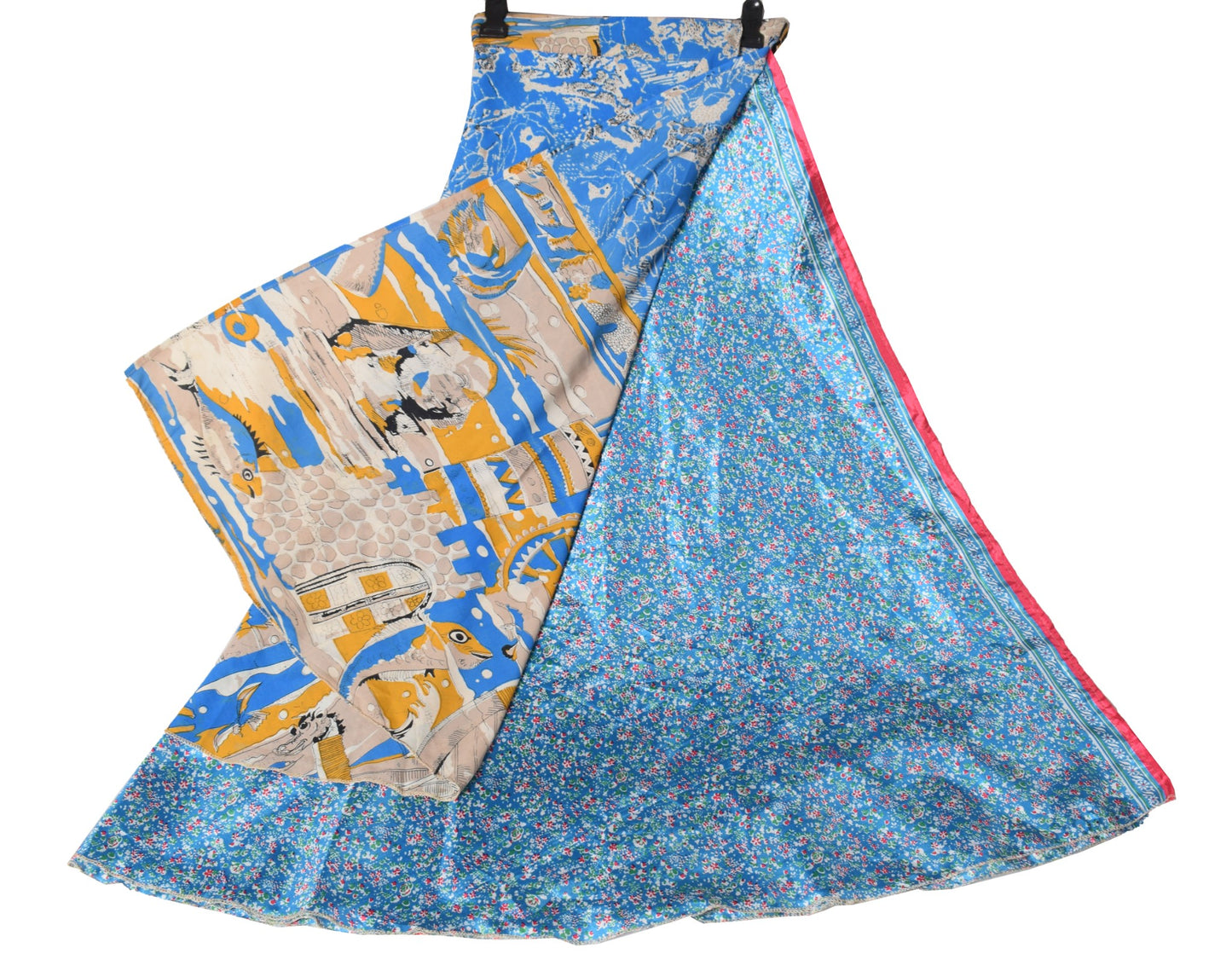 Sushila Vintage Art Silk Saree Magic Wrap Reversible Skirt Beach Dress Floral Blue