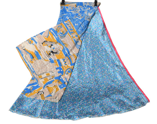 Sushila Vintage Silk Saree Magic Wrap Reversible Skirt Beach Dress Floral Blue