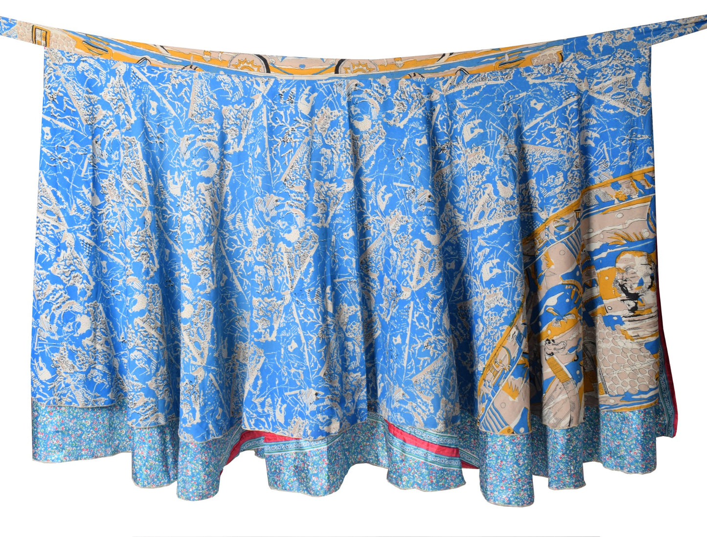 Sushila Vintage Art Silk Saree Magic Wrap Reversible Skirt Beach Dress Floral Blue