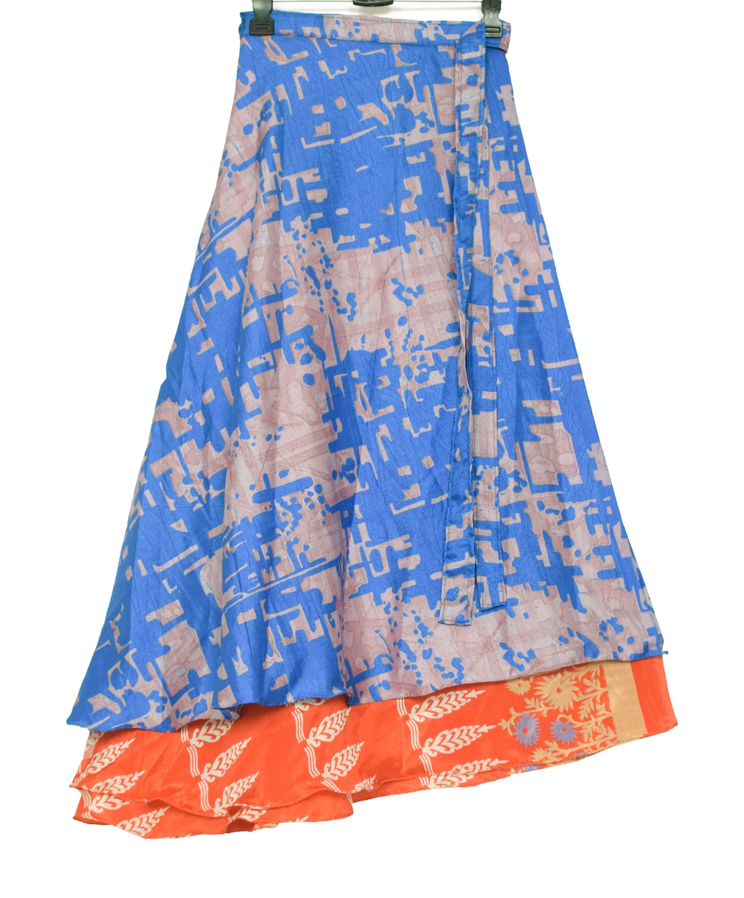 Sushila Vintage Blue Saree Magic Wrap Reversible Skirt Art Silk Beach Dress Hippie