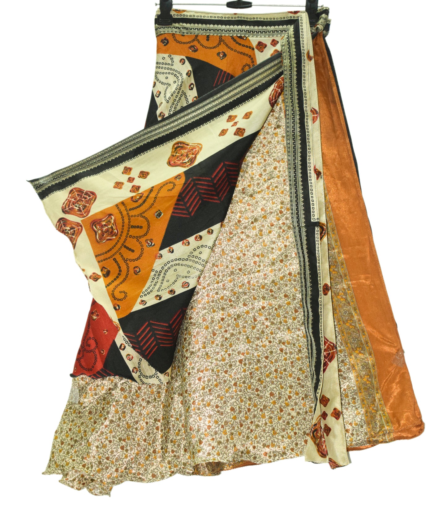 Sushila Vintage Art Silk Saree Magic Wrap Reversible Skirt Cream Floral Beach Dress