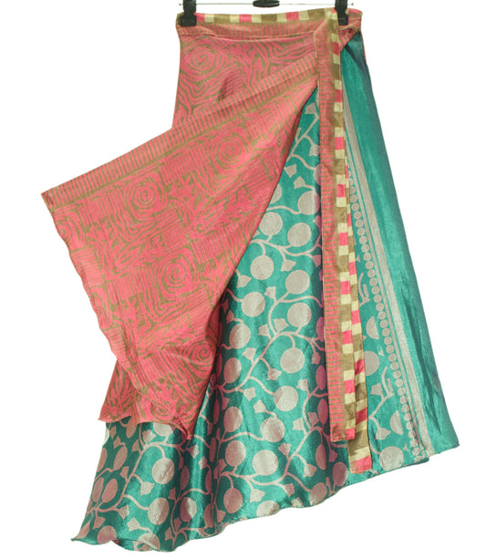Sushila Vintage  Multi-Color Silk Saree Magic Wrap Reversible Skirt Beach Dress