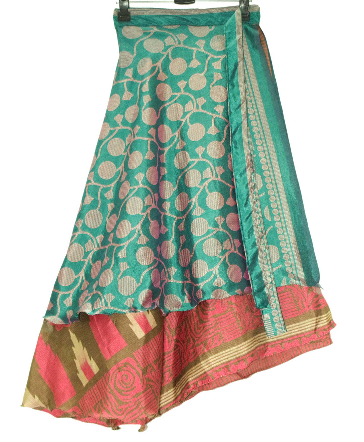 Sushila Vintage Green Saree Magic Wrap Reversible Skirt Beach Art Silk Dress Boho