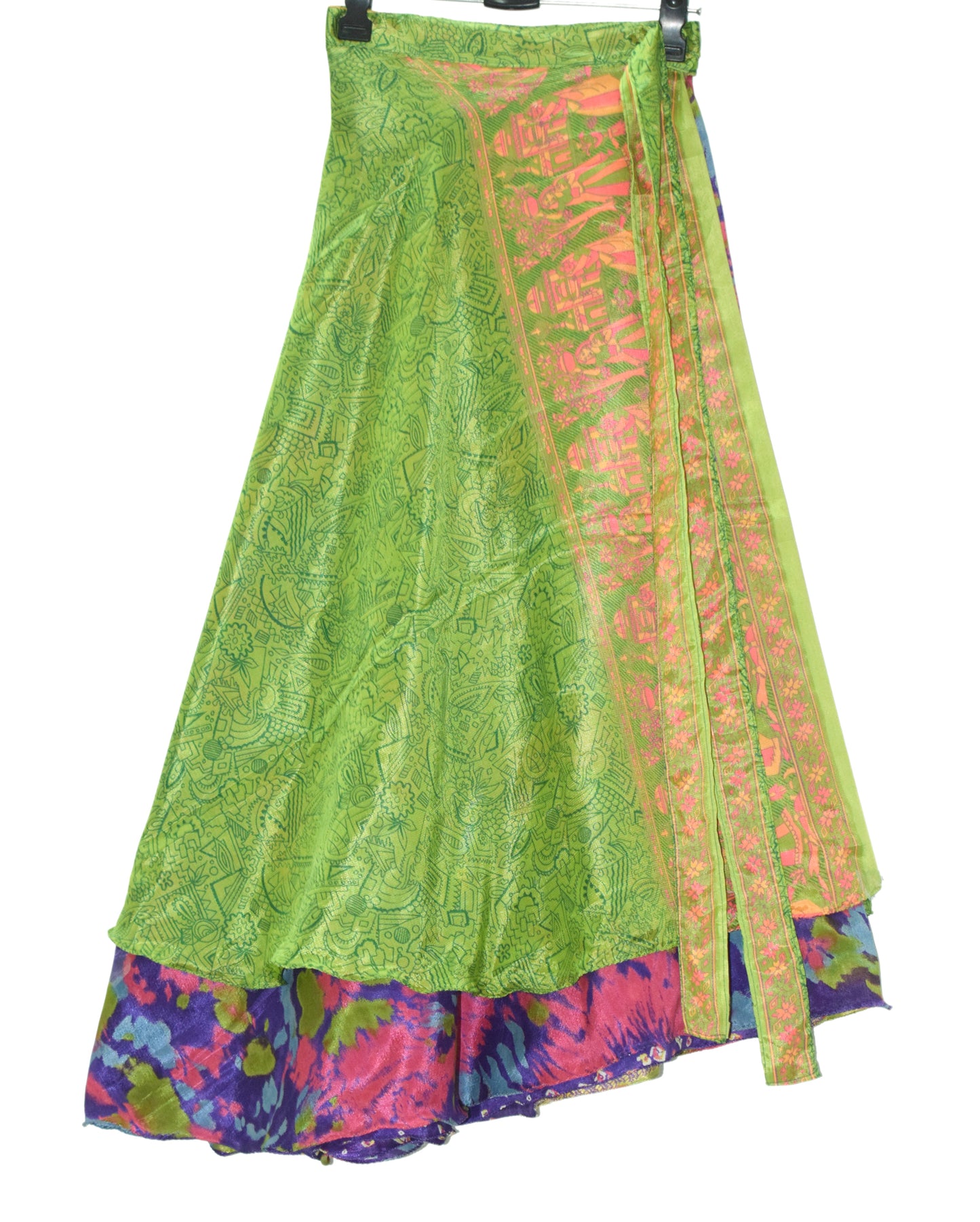 Sushila Vintage Art Silk Saree Magic Wrap Reversible Skirt Beach Dress Green Hippie