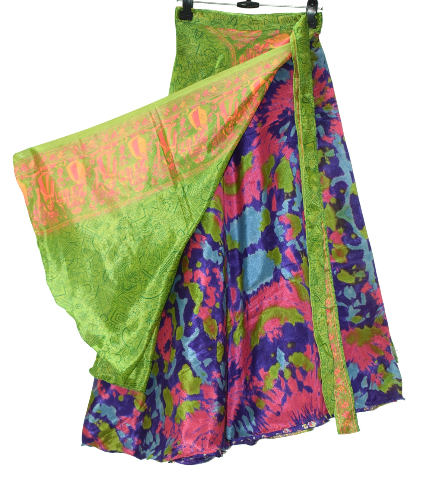 Sushila Vintage Art Silk Saree Magic Wrap Reversible Skirt Beach Dress Green Hippie