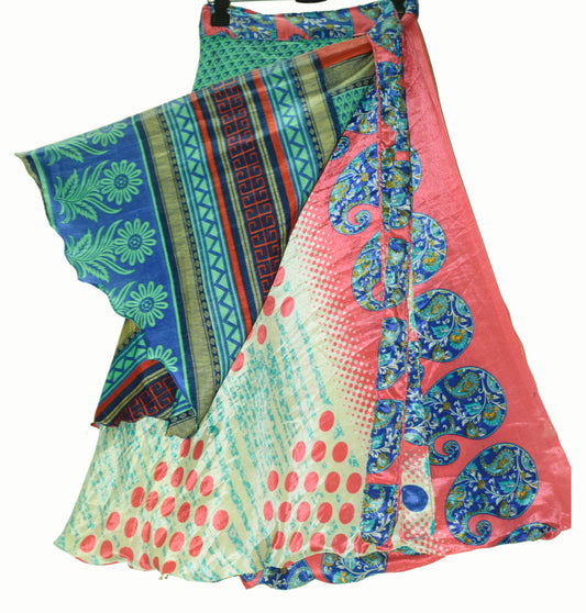 Sushila Vintage Silk Saree Multi-Color Magic Wrap Reversible Skirt Beach Dress