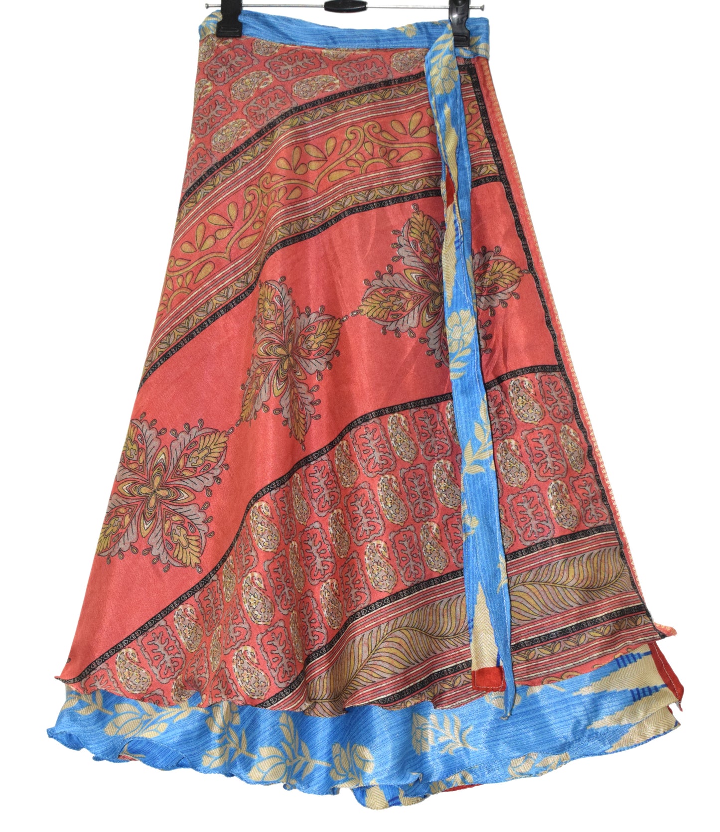 Sushila Vintage Blue & Peach Saree Magic Wrap Reversible Skirt Art Silk Beach Dress