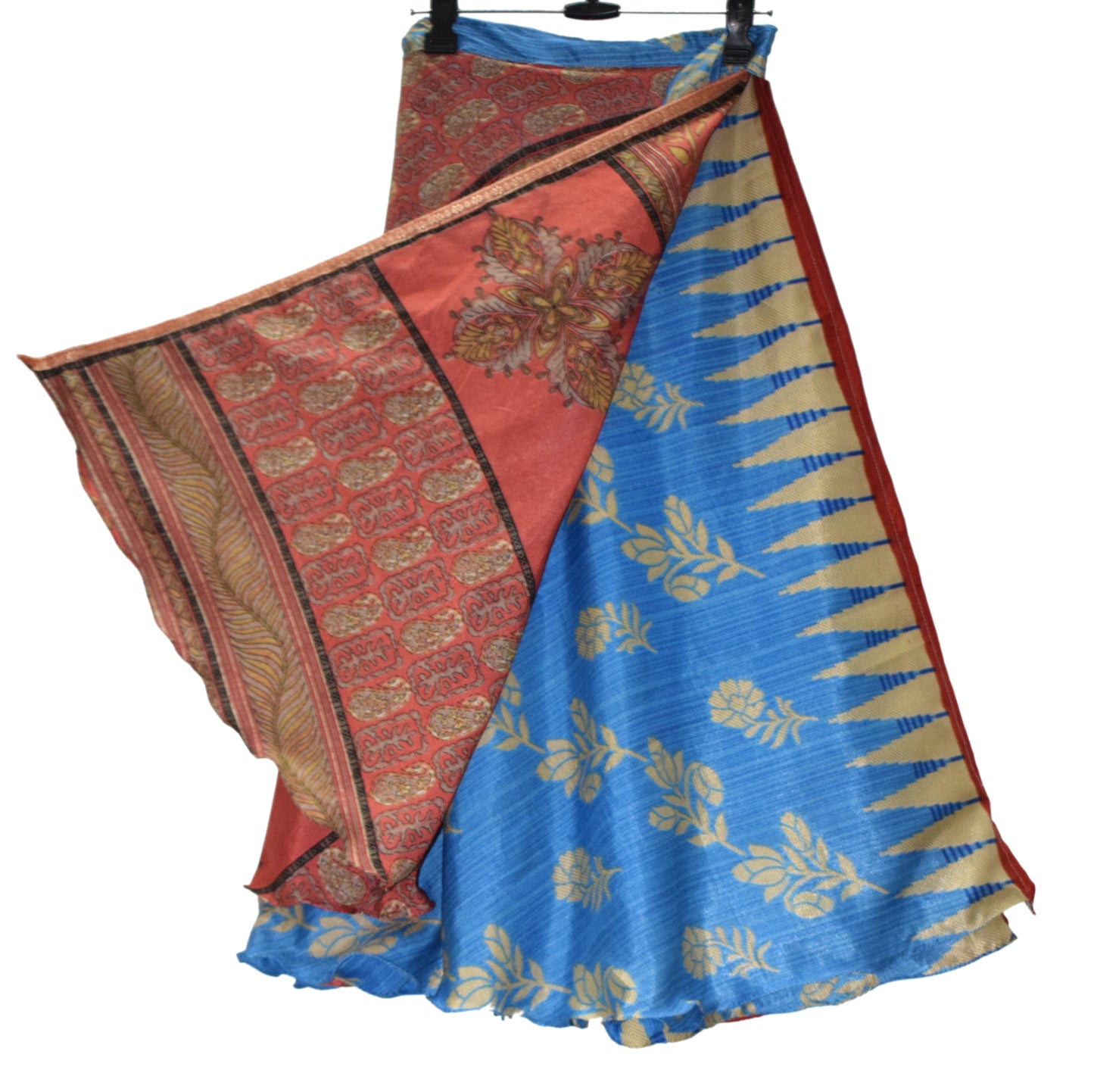 Sushila Vintage Blue & Peach Saree Magic Wrap Reversible Skirt Art Silk Beach Dress