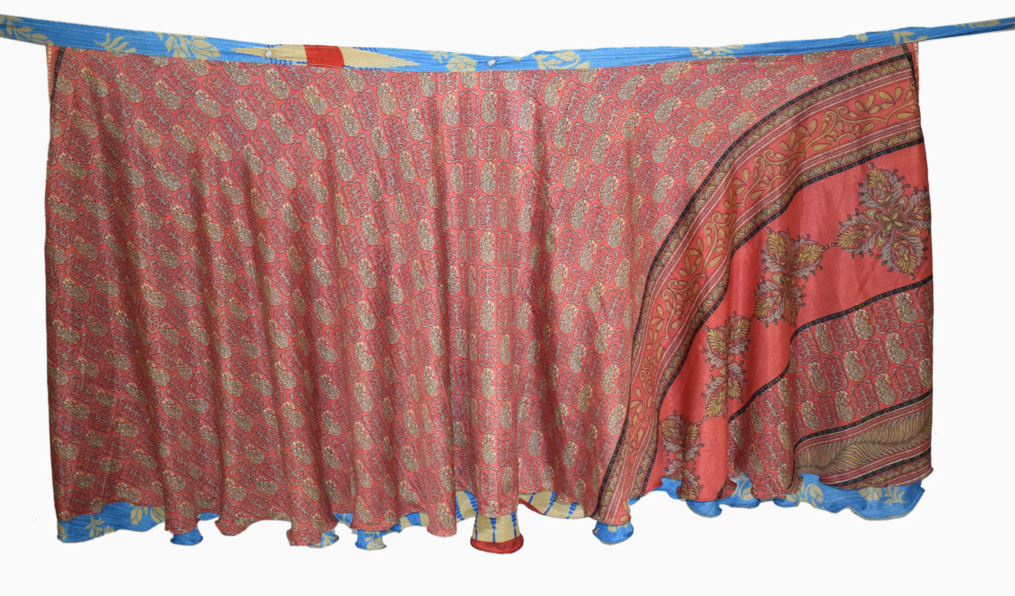 Sushila Vintage Blue & Peach Saree Magic Wrap Reversible Skirt Art Silk Beach Dress