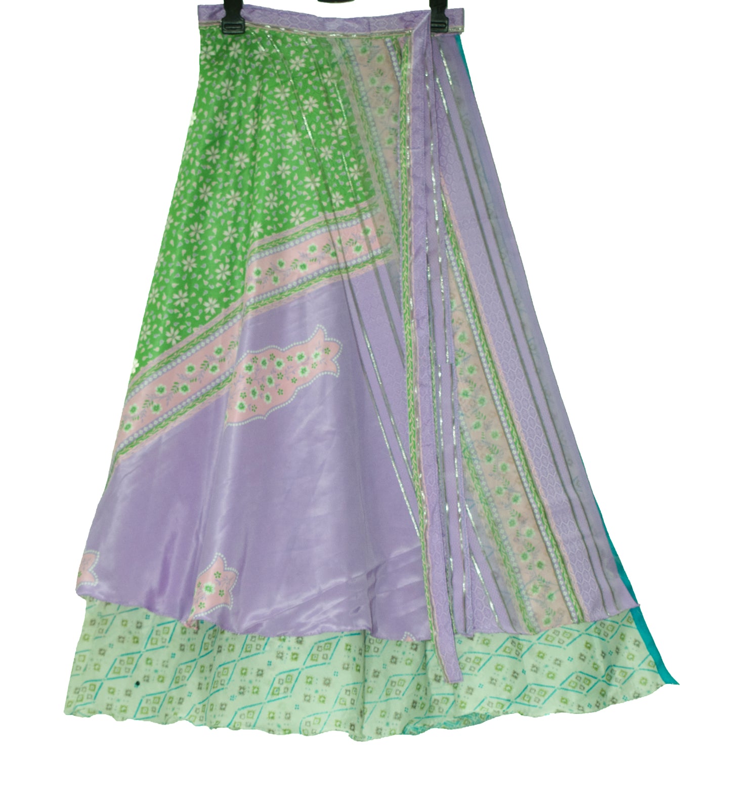 Sushila Vintage Art Silk Saree Magic Wrap Reversible Skirt Green Floral Beach Dress