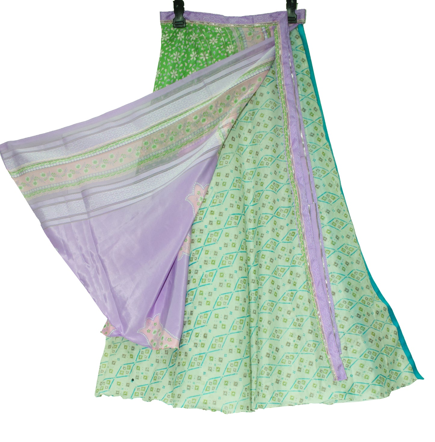 Sushila Vintage Art Silk Saree Magic Wrap Reversible Skirt Green Floral Beach Dress