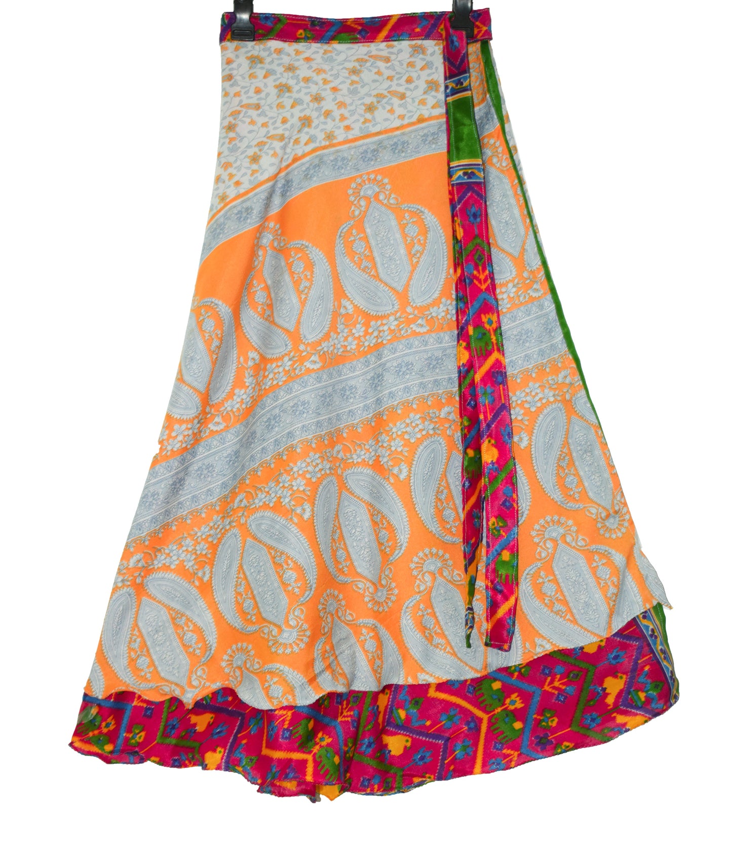 Sushila Vintage Orange Saree Magic Wrap Reversible Skirt Art Silk Beach Dress Boho