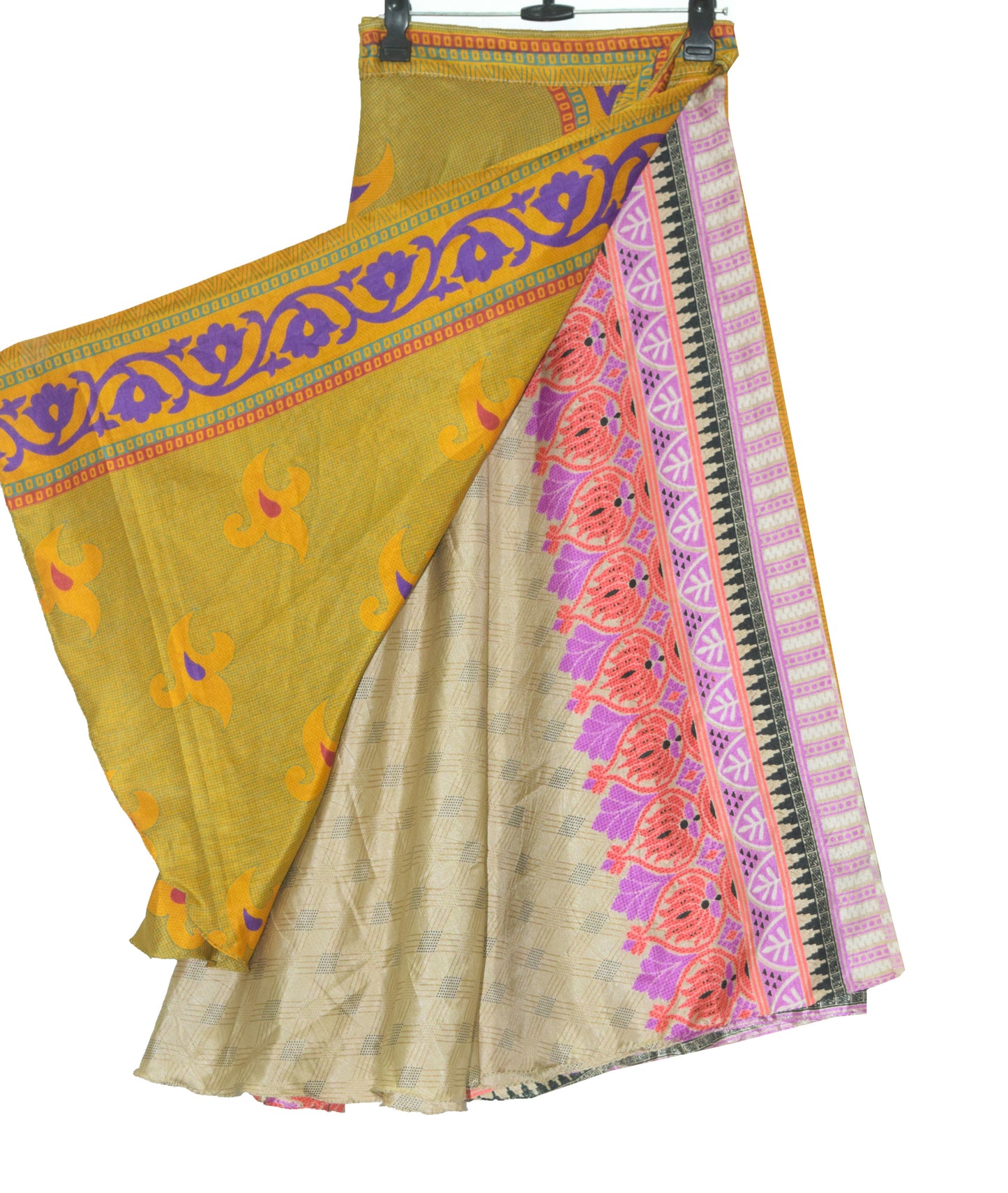 Sushila Vintage Silk Saree Magic Wrap Reversible Skirt Yellow Beach Dress Boho