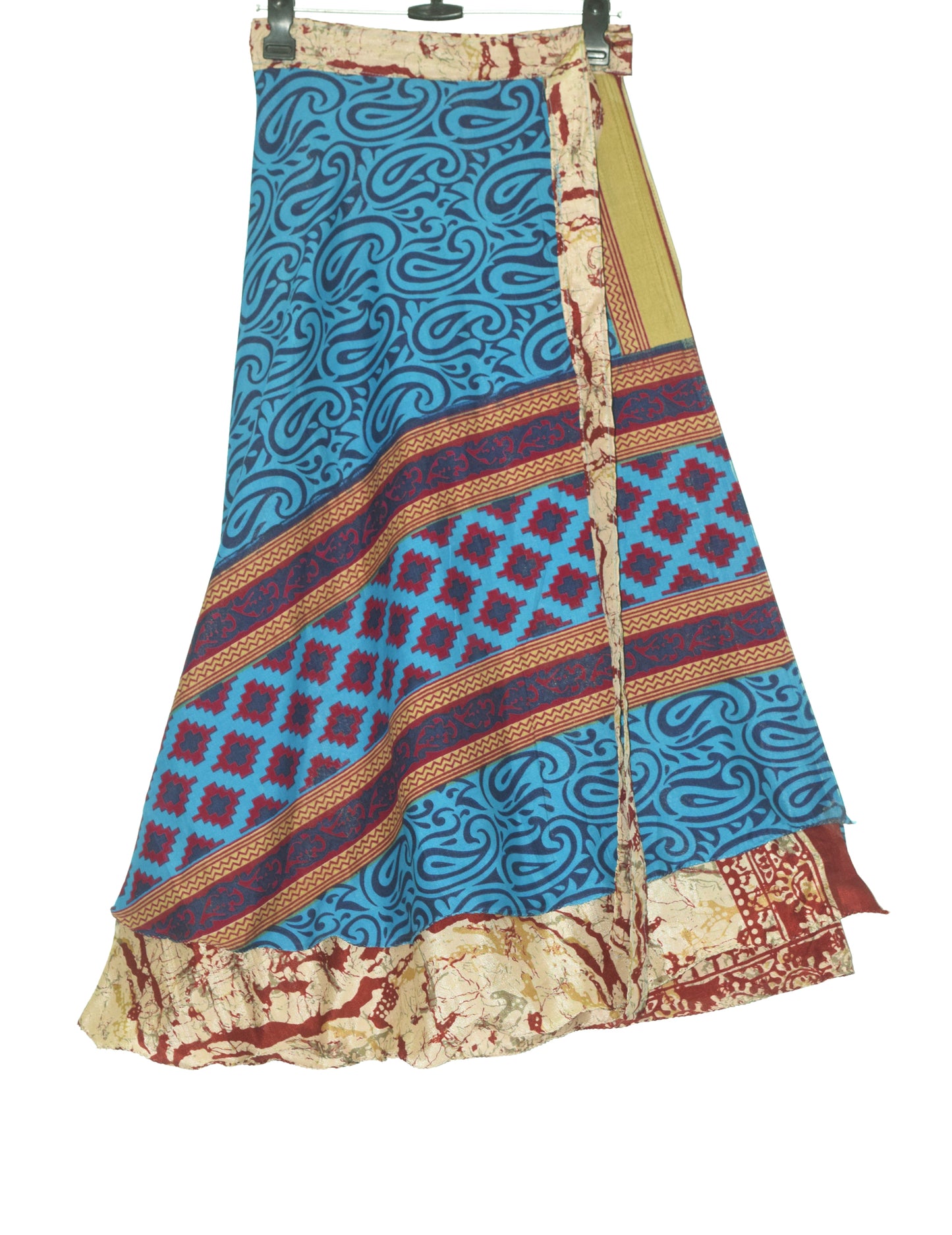 Sushila Vintage Blue Paisley Saree Magic Wrap Reversible Skirt Art Silk Beach Dress