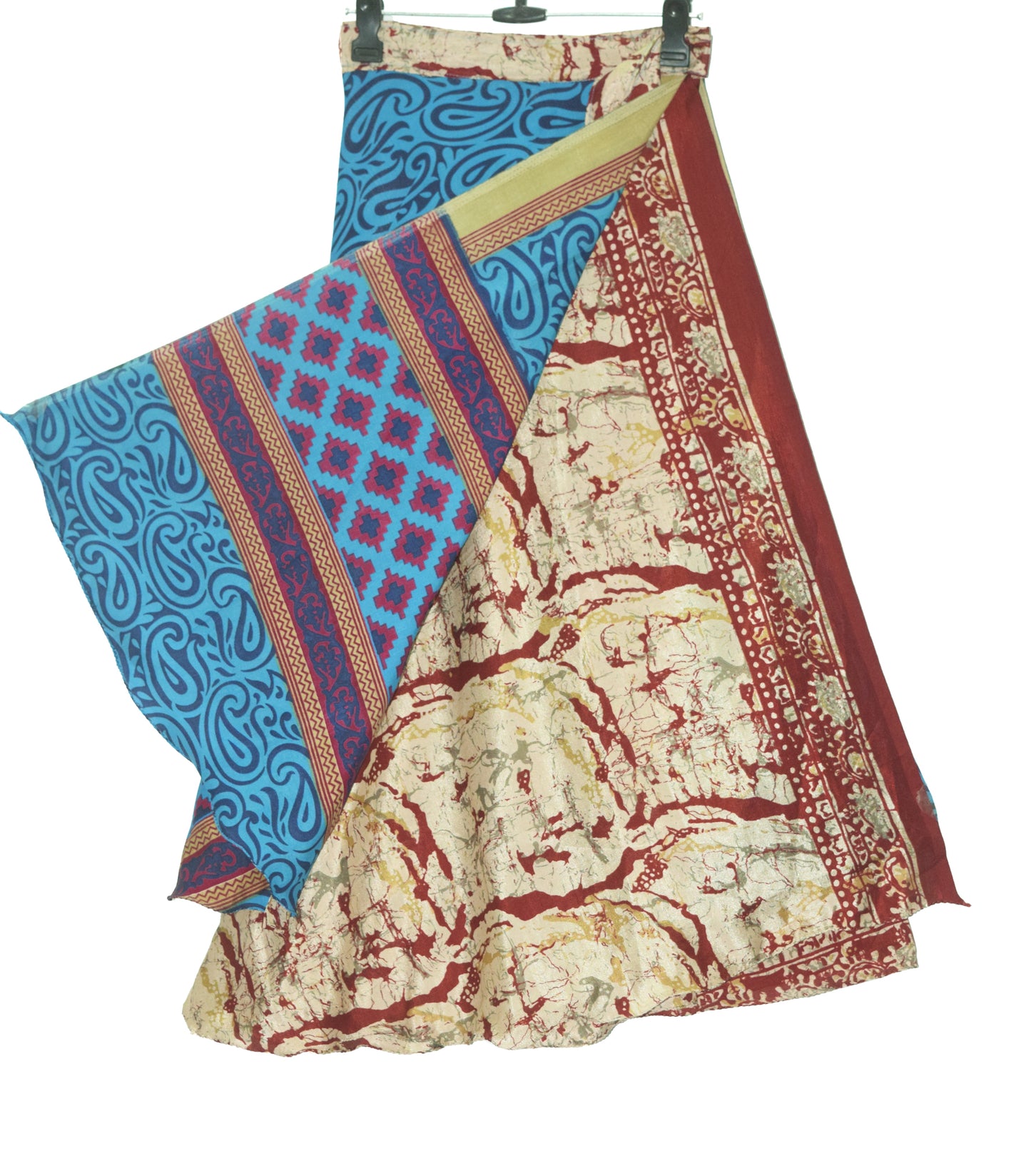 Sushila Vintage Blue Paisley Saree Magic Wrap Reversible Skirt Art Silk Beach Dress