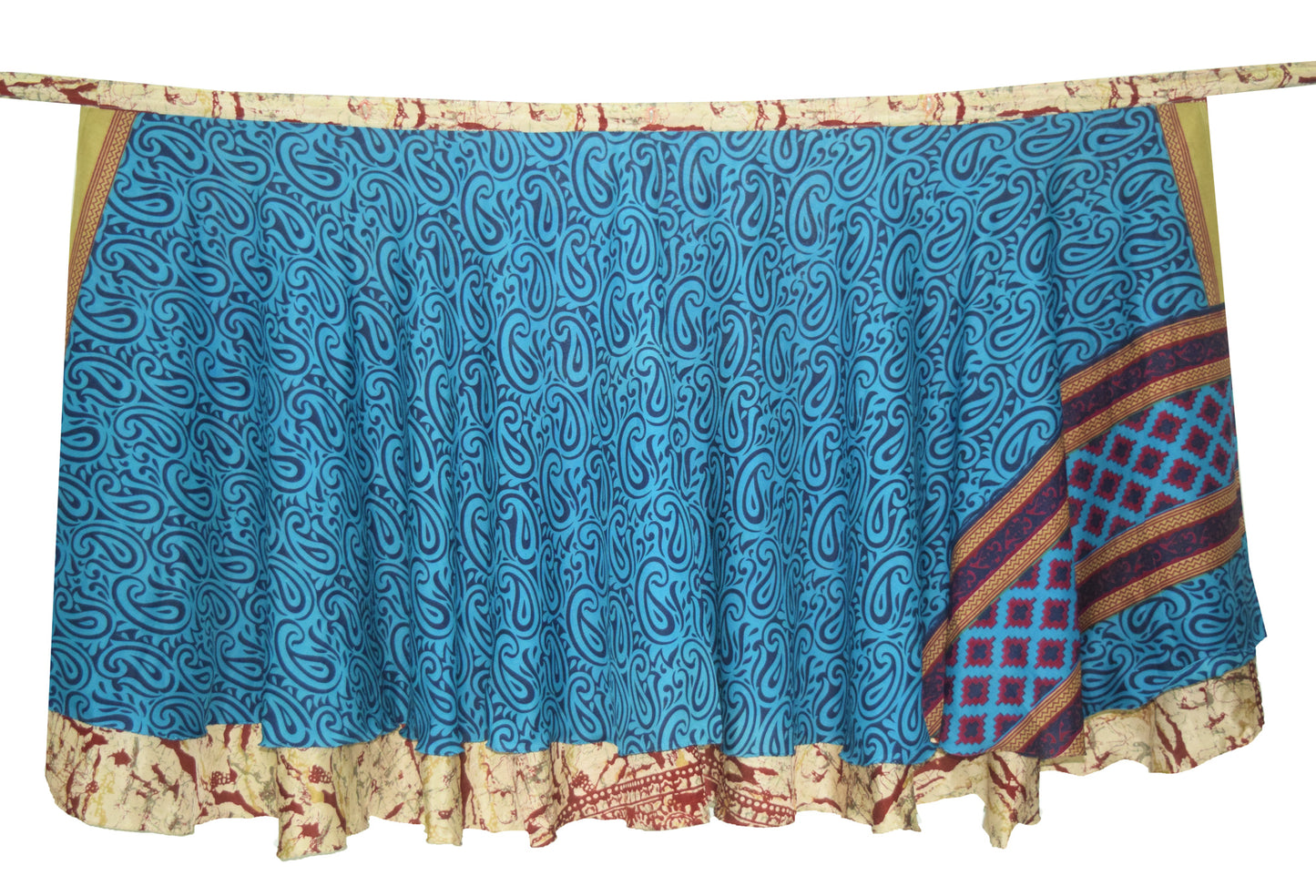 Sushila Vintage Blue Paisley Saree Magic Wrap Reversible Skirt Art Silk Beach Dress