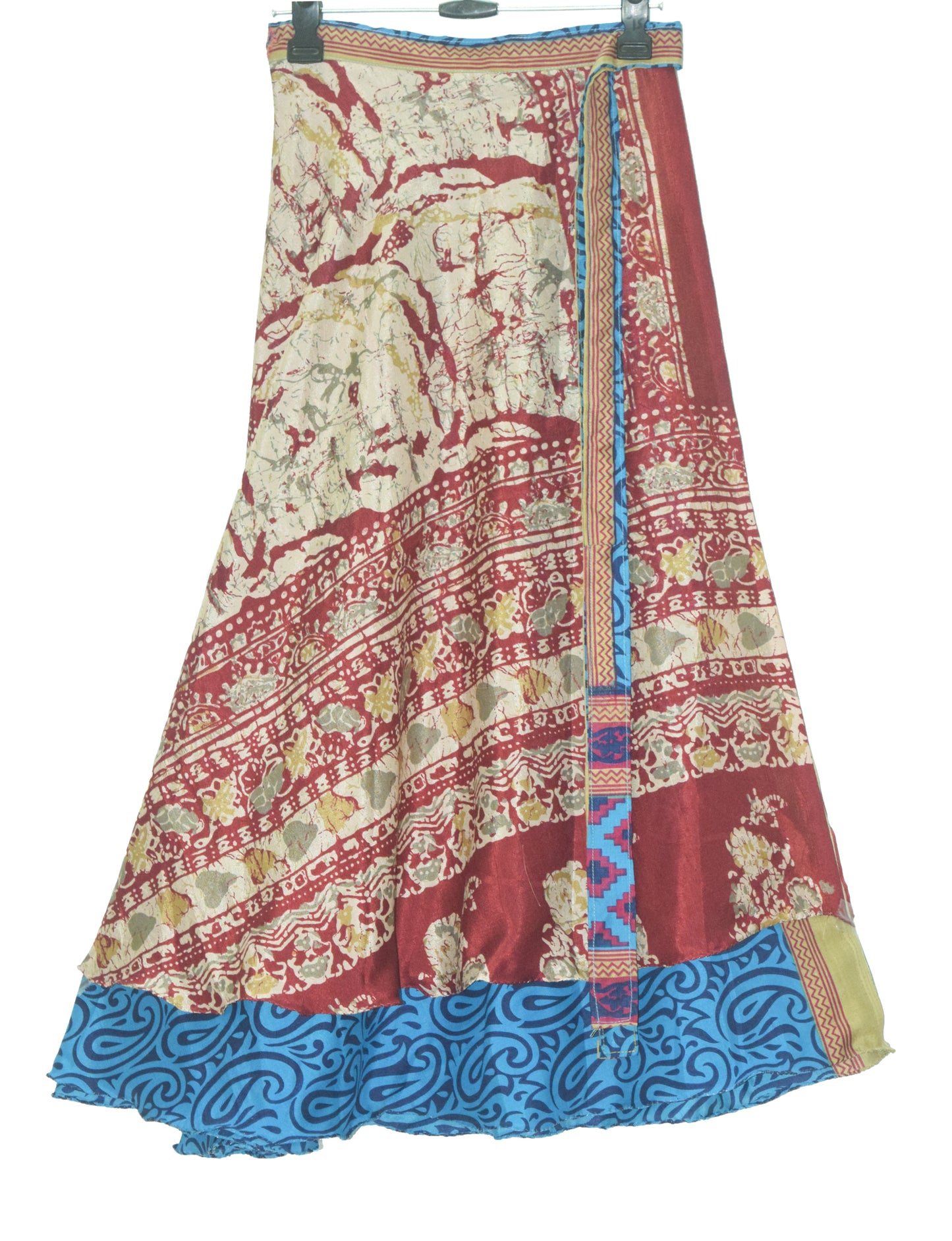 Sushila Vintage Blue Printed Saree Magic Wrap Reversible Skirt Art Silk Beach Dress