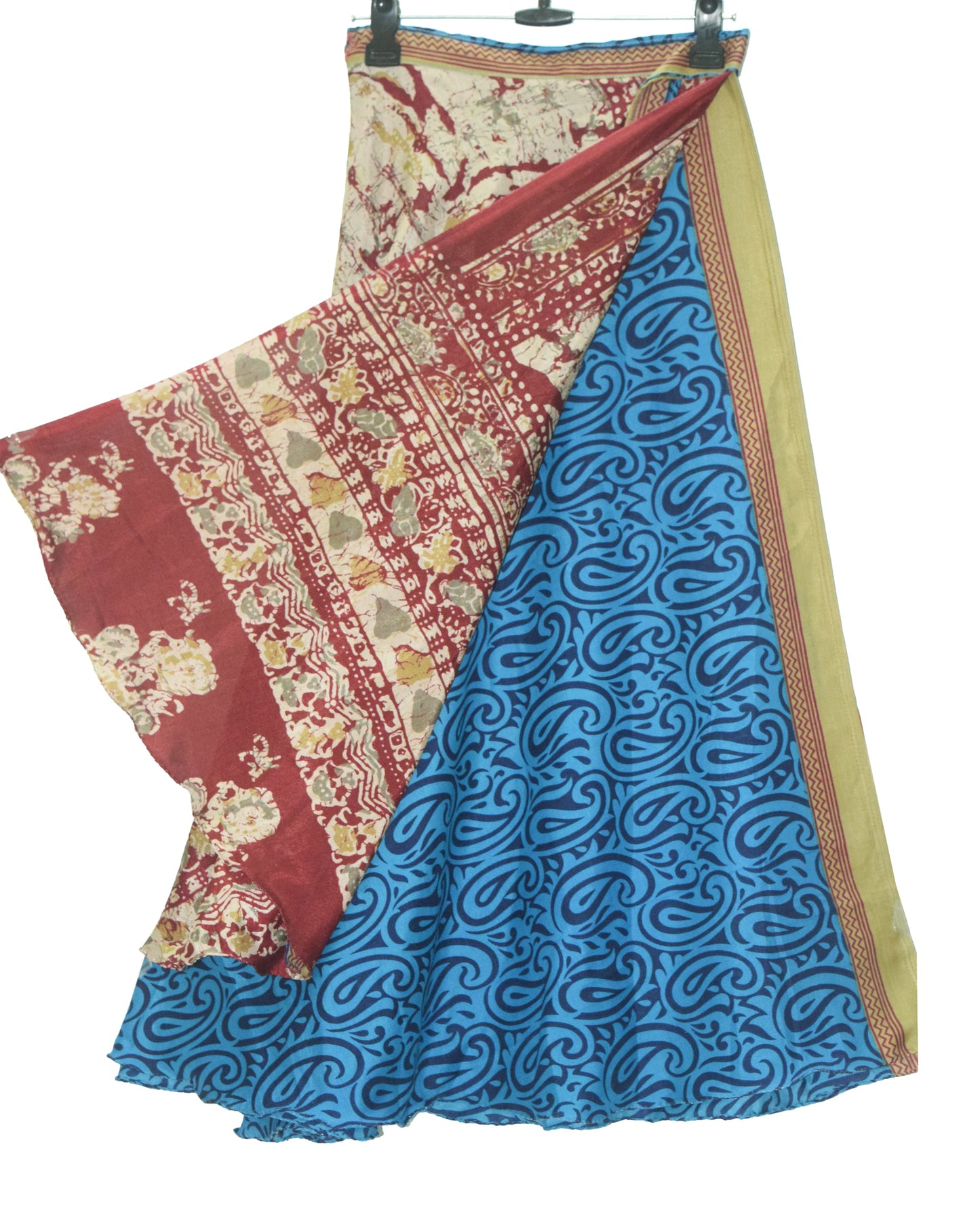 Sushila Vintage Blue Printed Saree Magic Wrap Reversible Skirt Art Silk Beach Dress