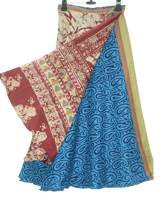 Sushila Vintage Blue Printed Saree Magic Wrap Reversible Skirt Art Silk Beach Dress