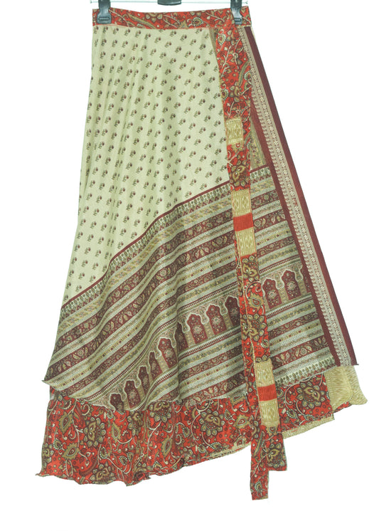 Sushila Vintage Red Floral Saree Magic Wrap Reversible Skirt Art Silk Beach Dress