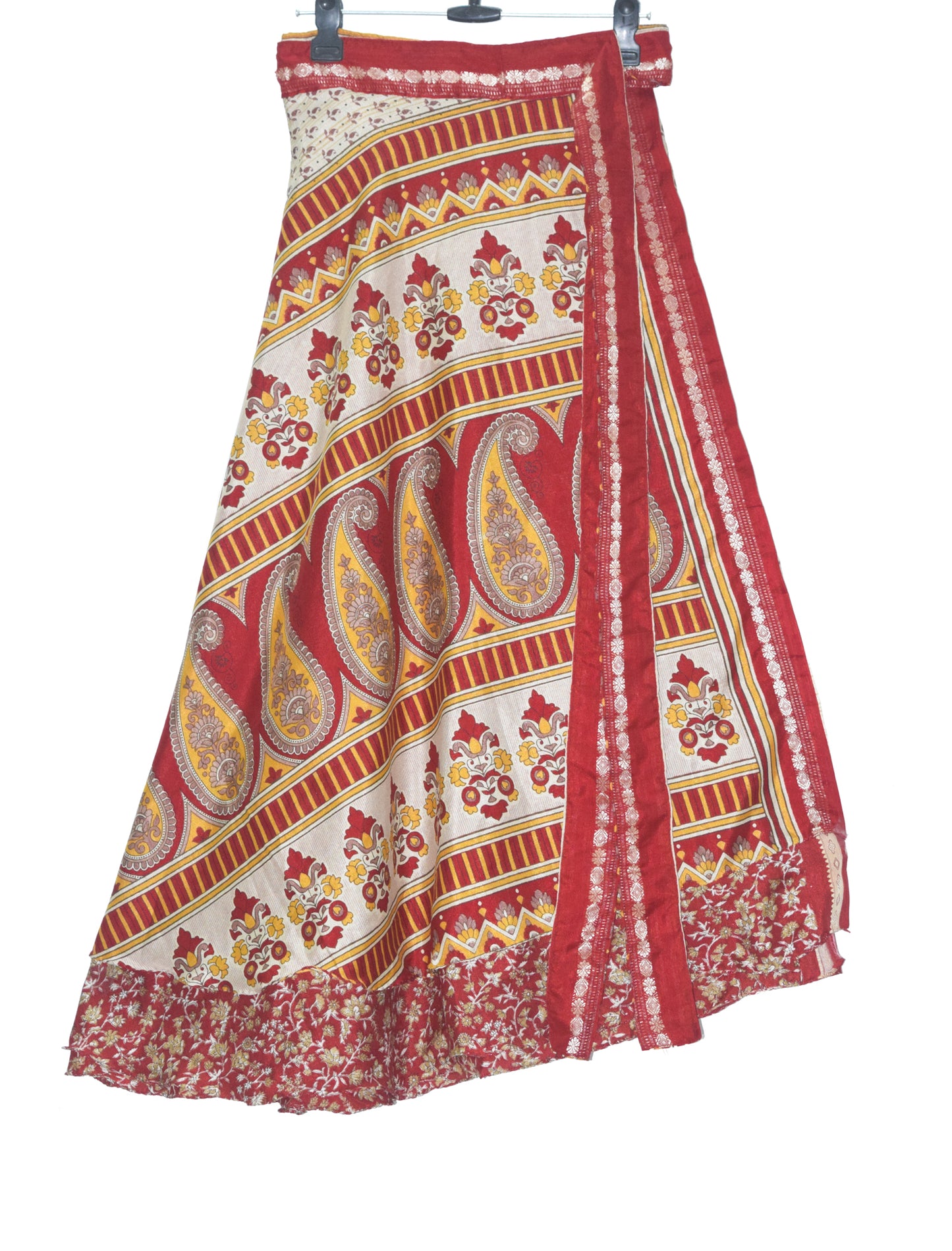 Sushila Vintage Red Art Silk Saree Floral Magic Wrap Reversible Skirt Beach Dress