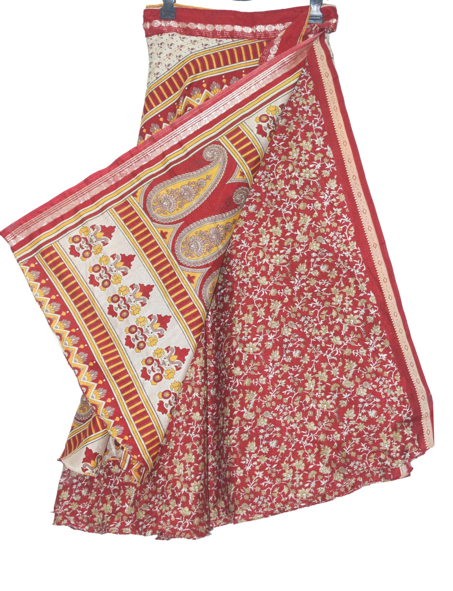 Sushila Vintage Red Art Silk Saree Floral Magic Wrap Reversible Skirt Beach Dress