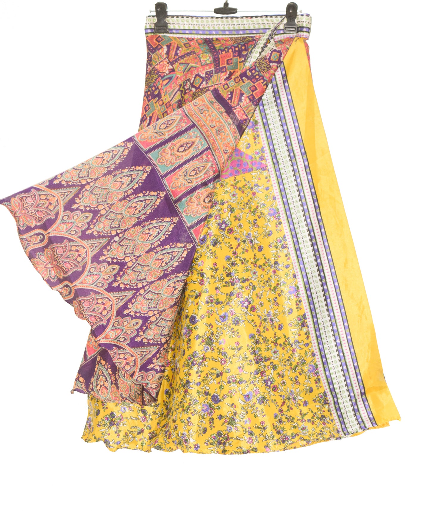 Sushila Vintage Art Silk Saree Magic Wrap Reversible Skirt Beach Dress Yellow Hippie