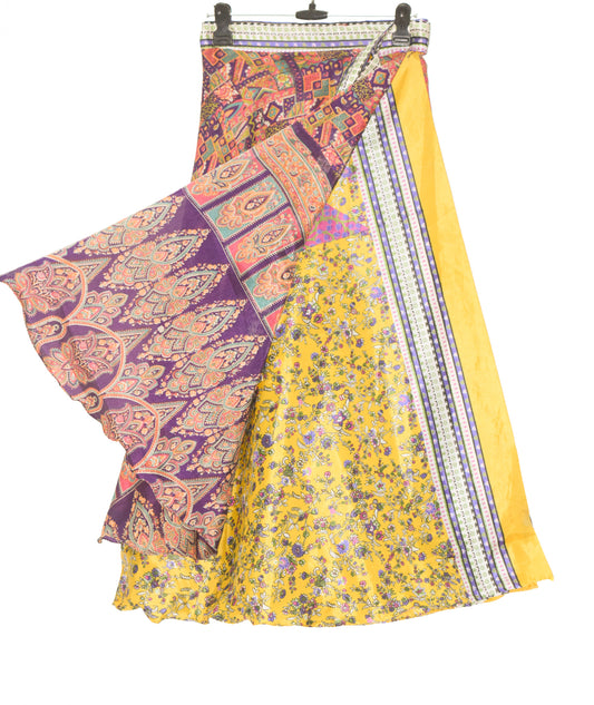 Sushila Vintage Art Silk Saree Magic Wrap Reversible Skirt Beach Dress Yellow Hippie
