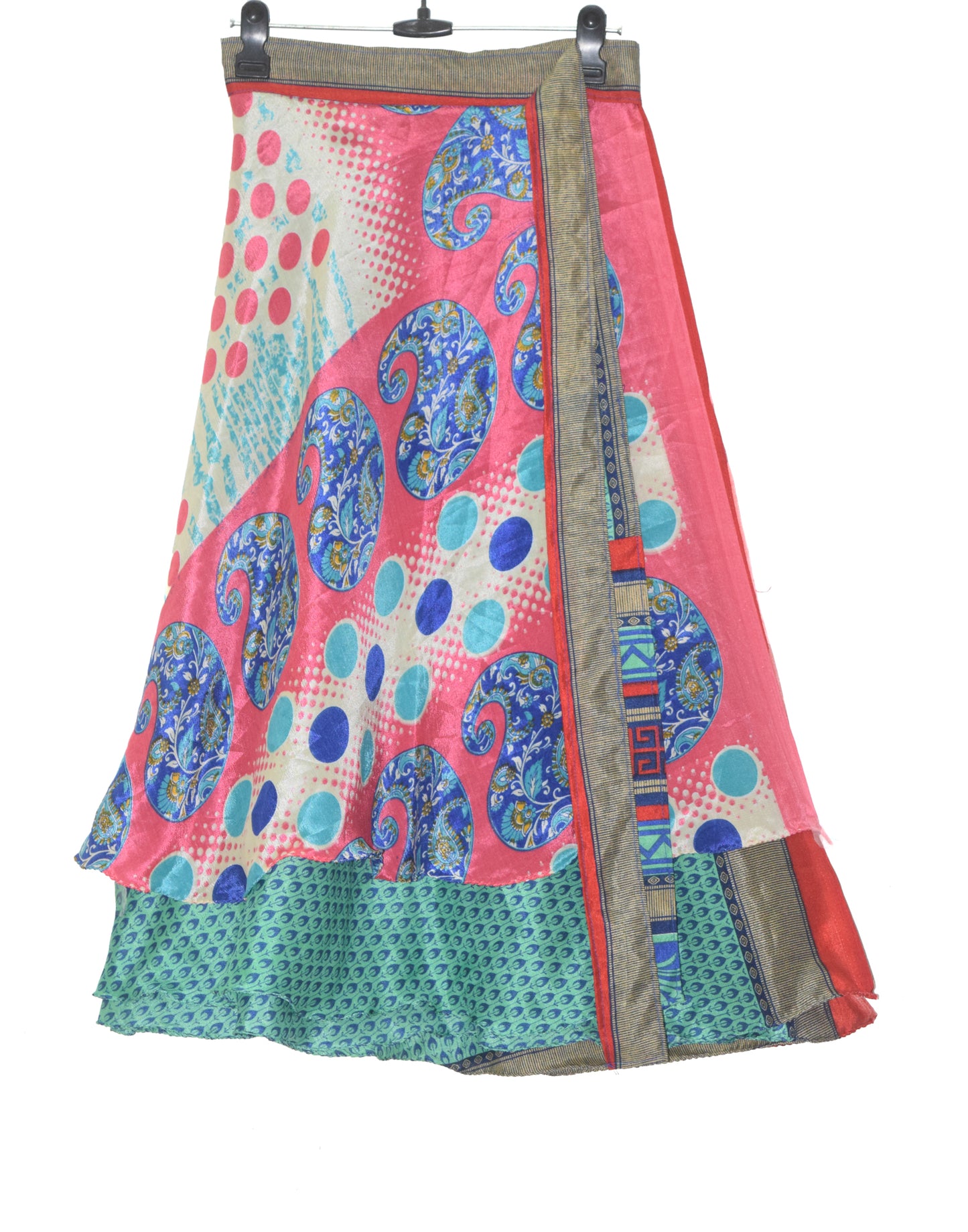 Sushila Vintage Green Pink Saree Magic Wrap Reversible Skirt Art Silk Beach Dress