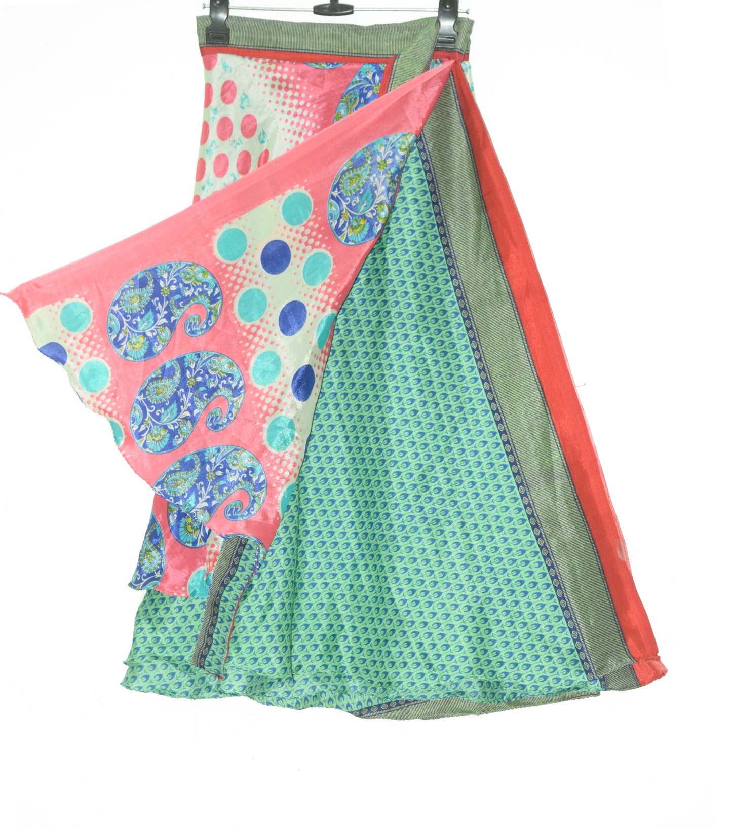 Sushila Vintage Green Pink Saree Magic Wrap Reversible Skirt Art Silk Beach Dress