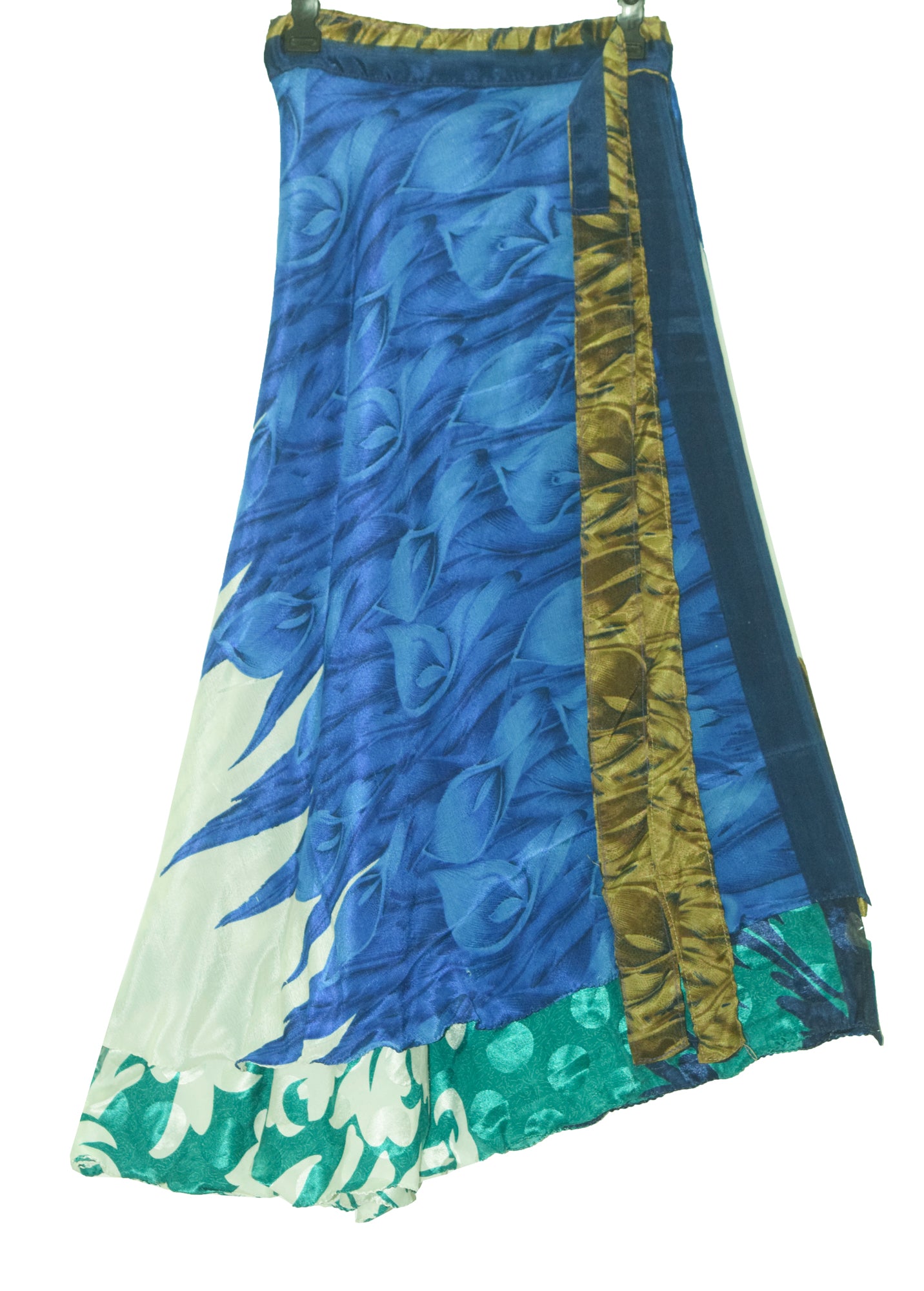 Sushila Vintage Blue Art Silk Saree Magic Wrap Reversible Skirt Beach Dress Hippie
