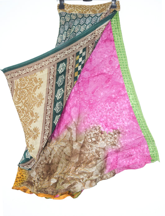 Sushila Vintage Art Silk Saree Magic Wrap Reversible Skirt Multi-Color Beach Dress