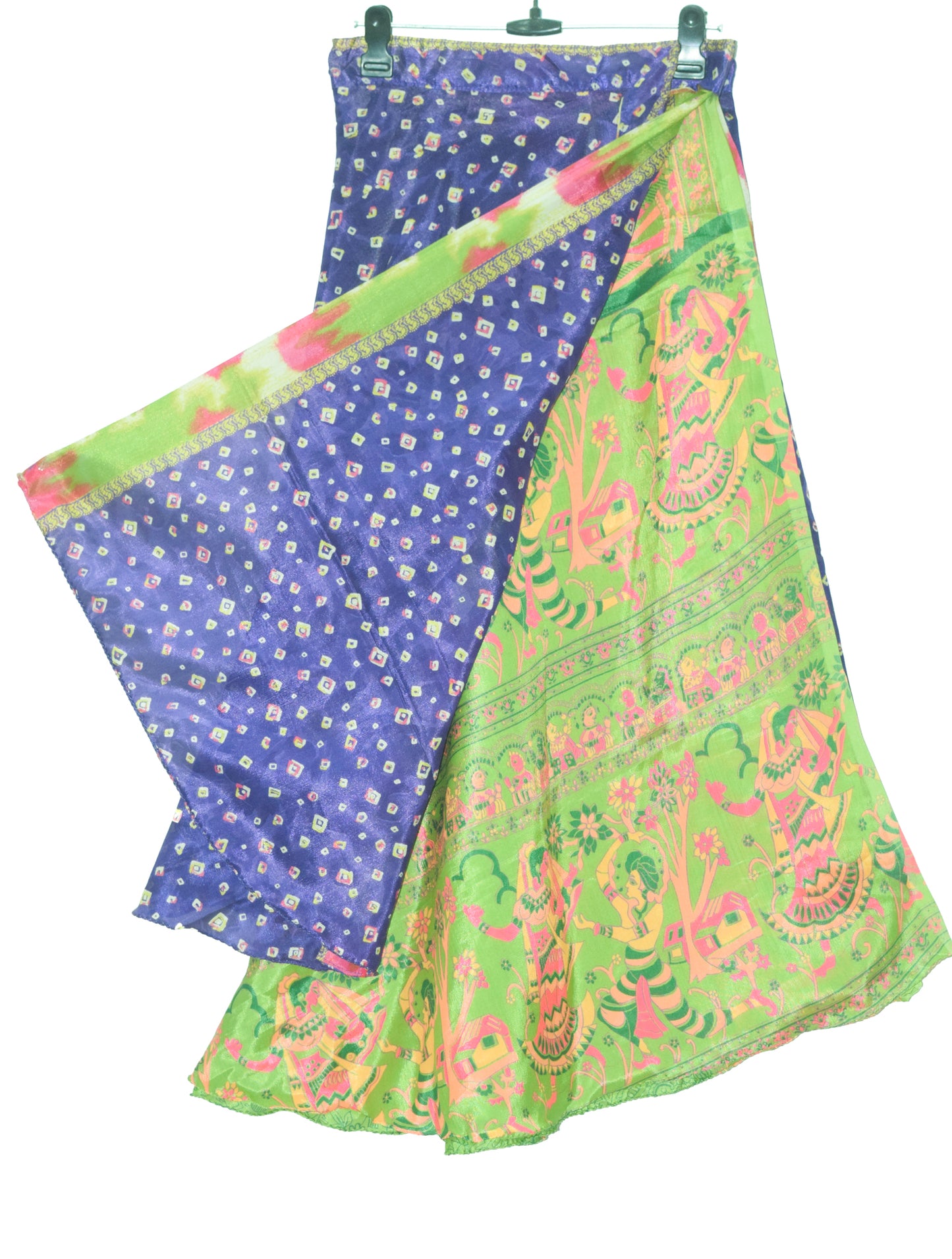 Sushila Vintage Art Silk Saree Magic Wrap Reversible Skirt Human Printed Beach Dress