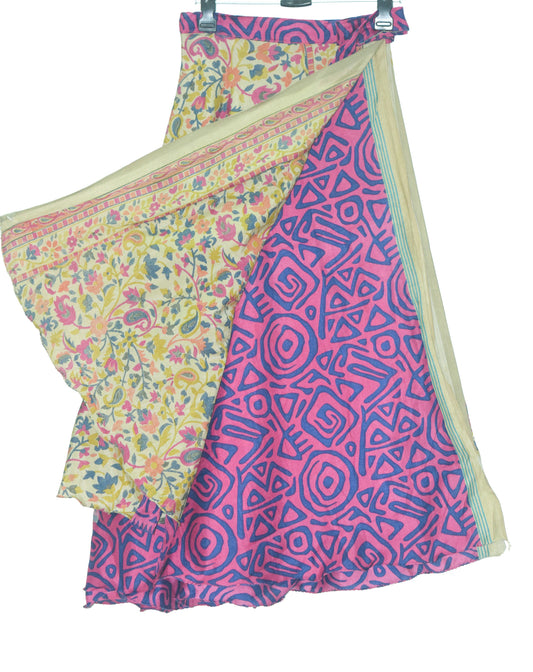 Sushila Vintage Art Silk Saree Magic Wrap Reversible Skirt Beach Dress Dark Pink