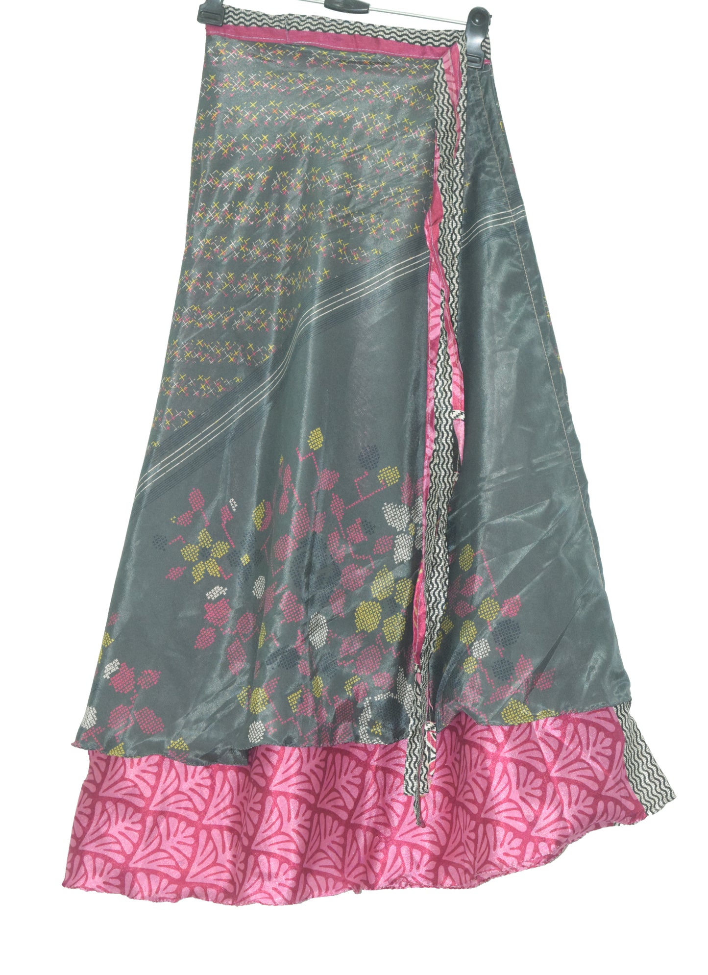 Sushila Vintage Gray Silk Saree 2 Layer Magic Wrap Reversible Skirt Beach Dress